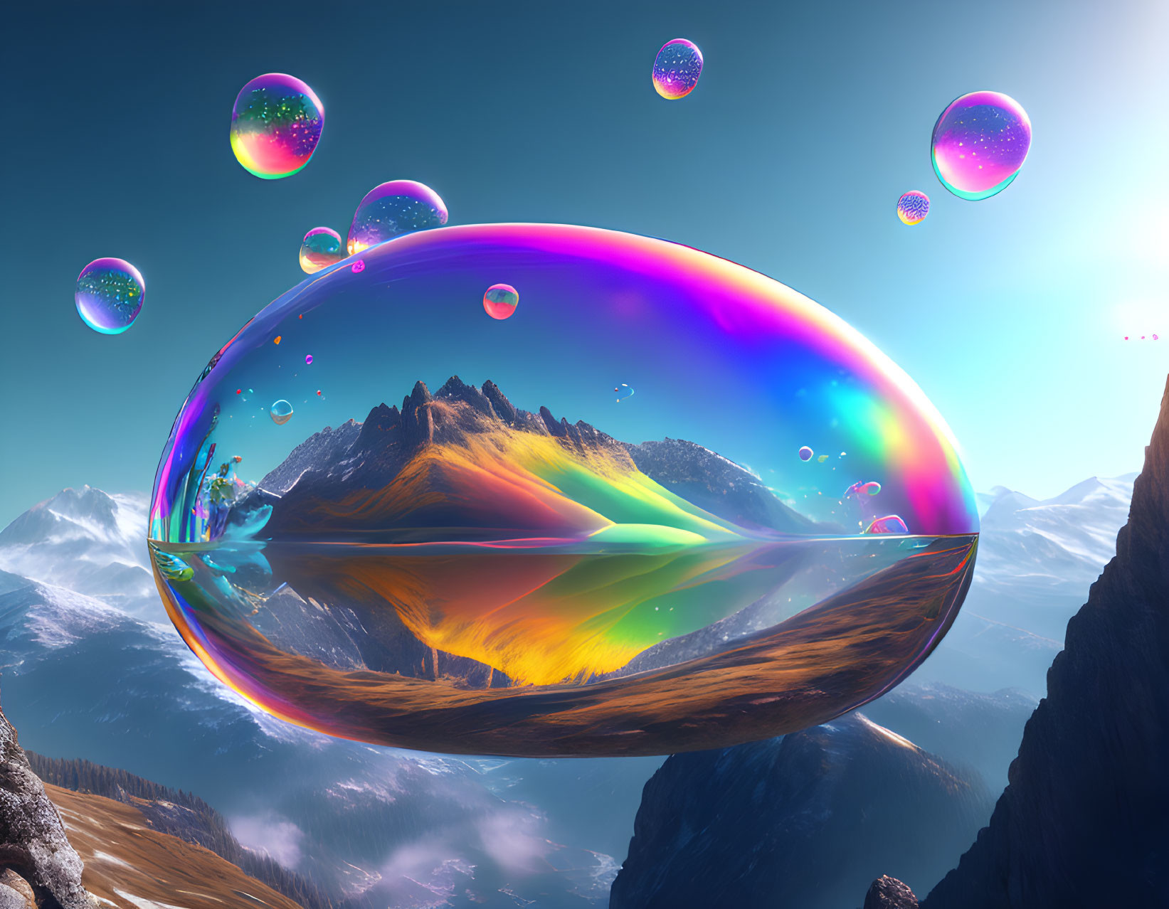 Iridescent bubbles over mountainous fantasy landscape