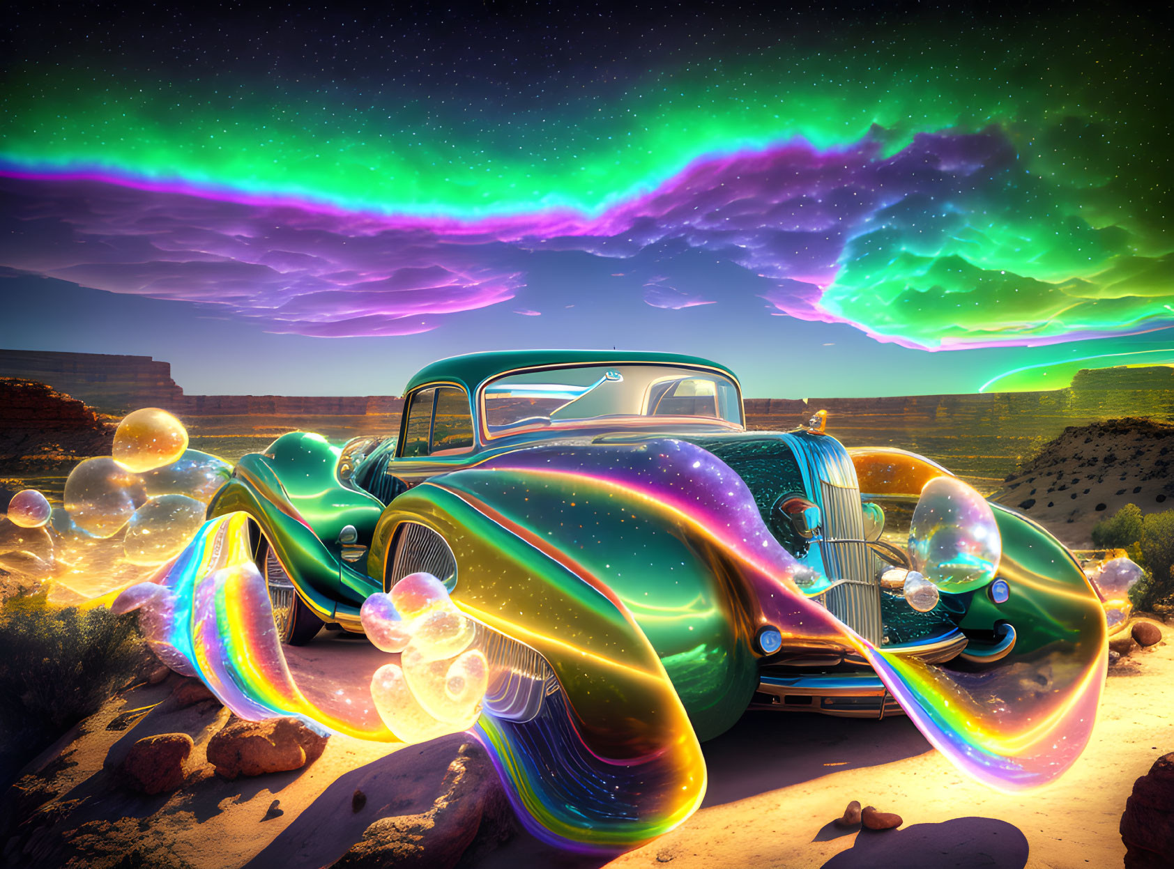 Vintage car in iridescent colors in desert landscape with soap bubbles and northern lights sky