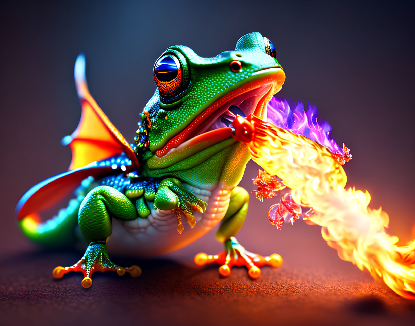 Colorful digital artwork: Green dragon-winged frog breathing fiery flames