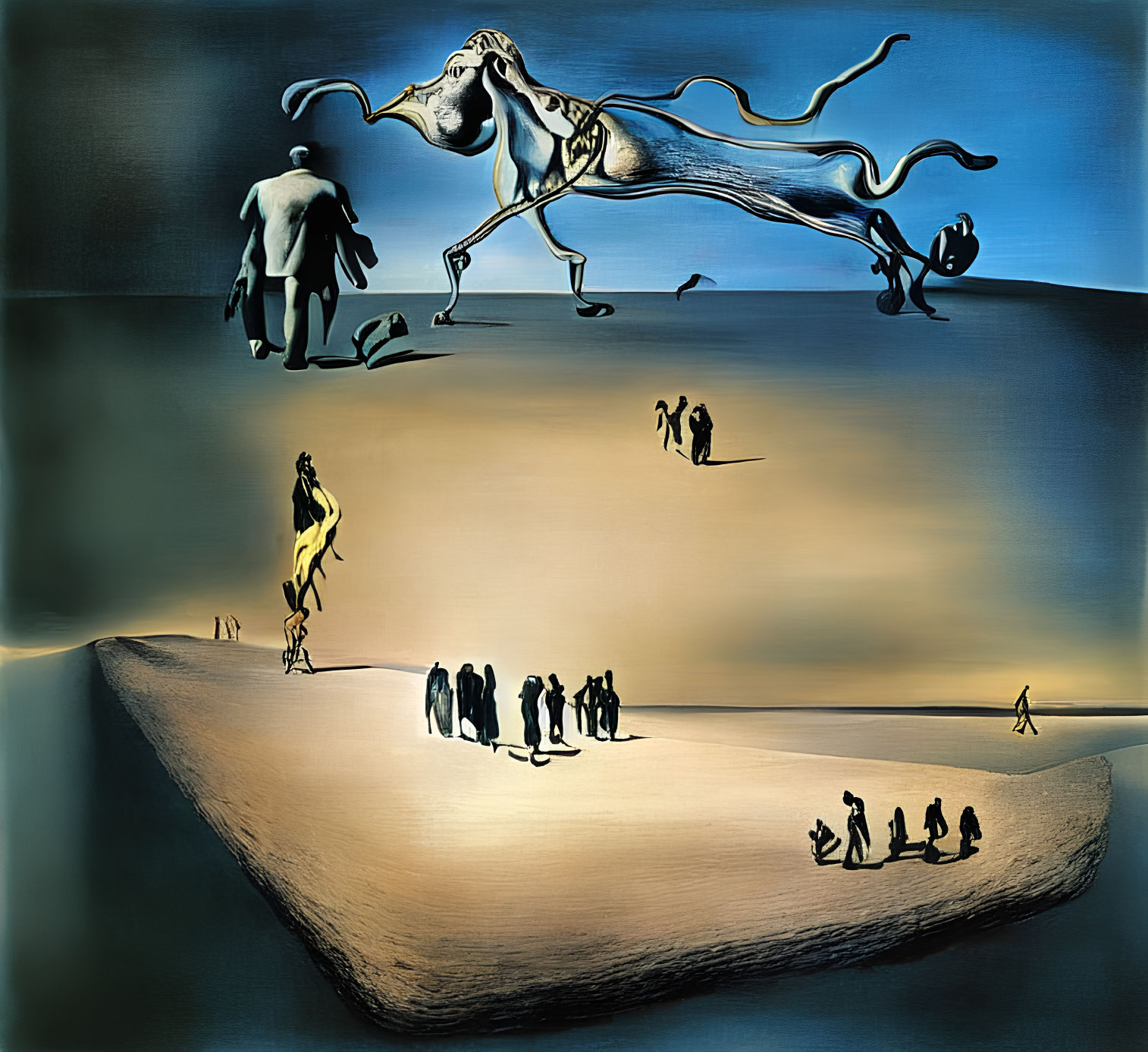 Surrealist painting of desert landscape with people and fantastical creature