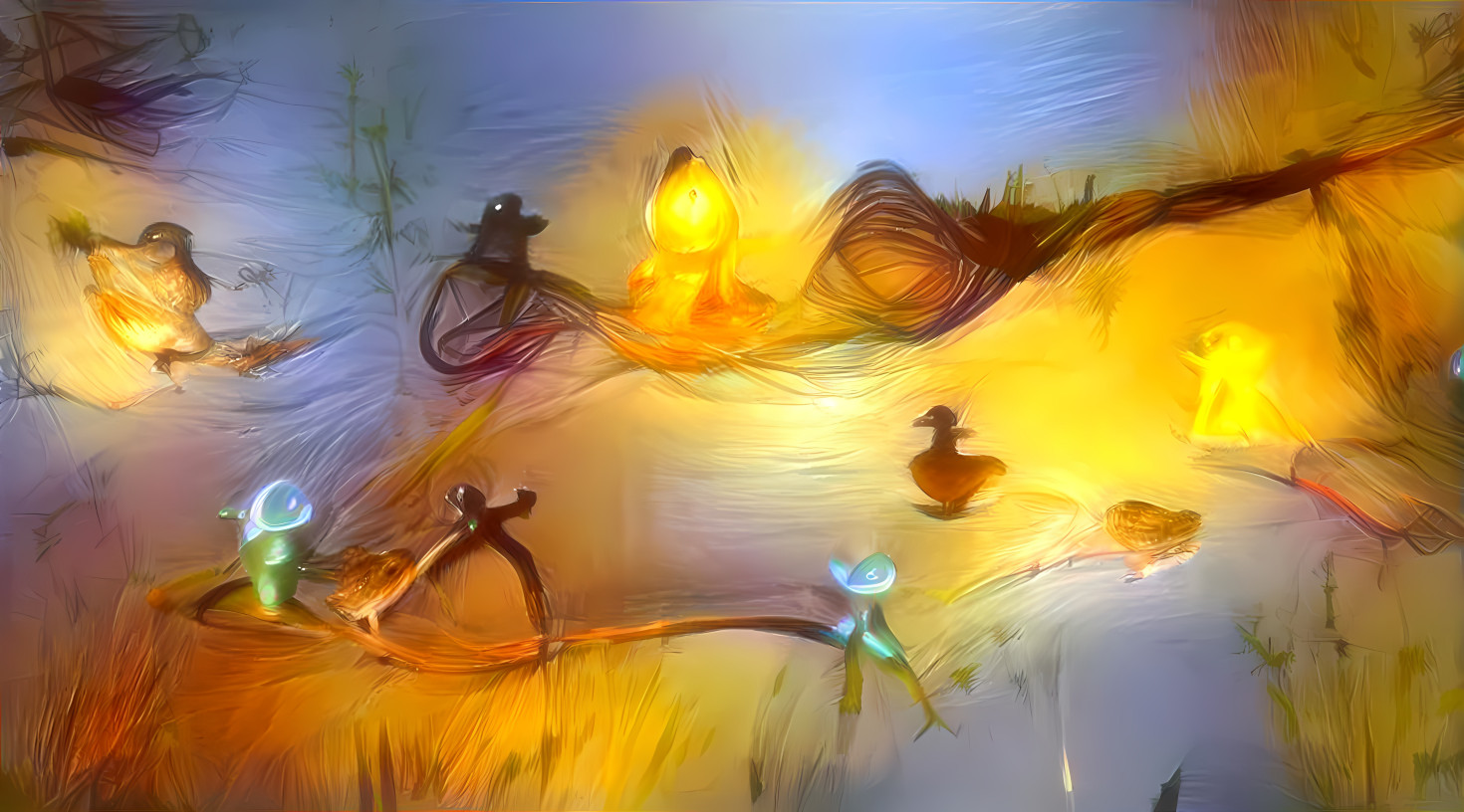 Frog, duck and wireman at dark forrest 