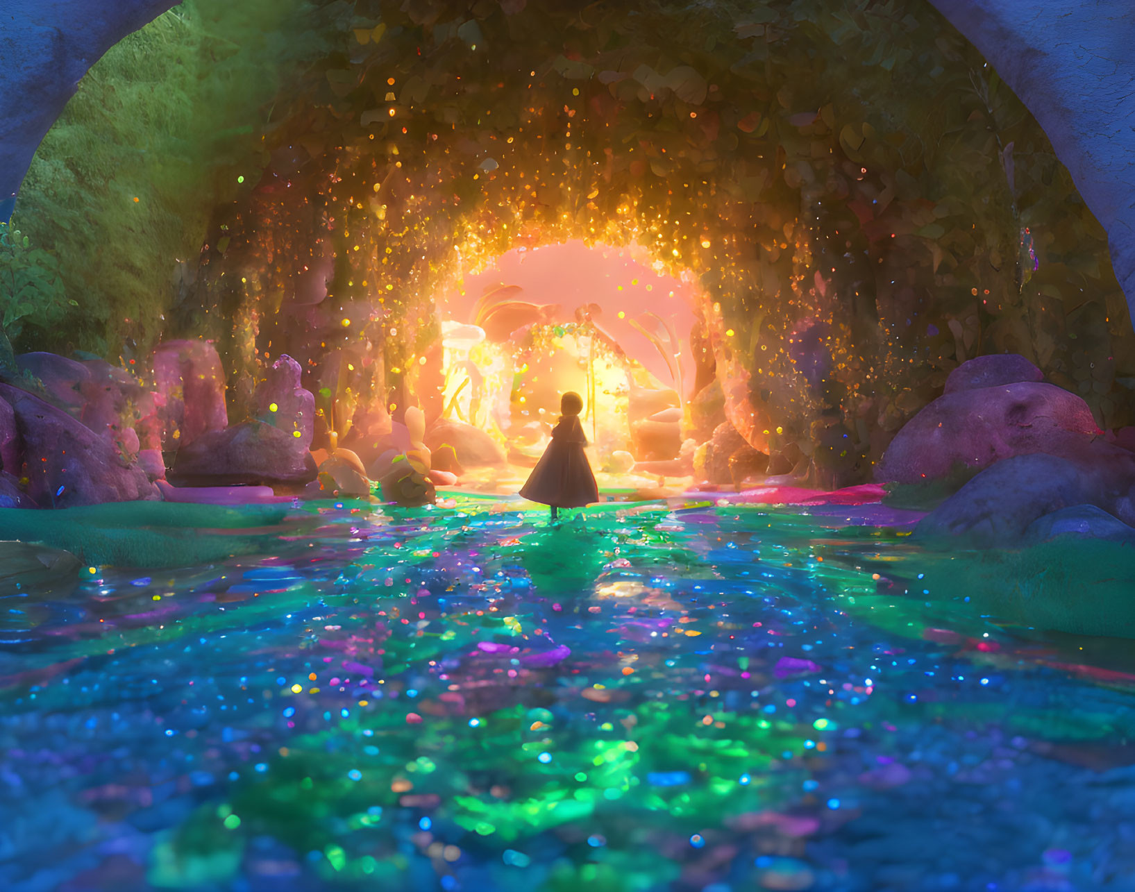 Person rowing through sparkling, colorful cave towards luminous light