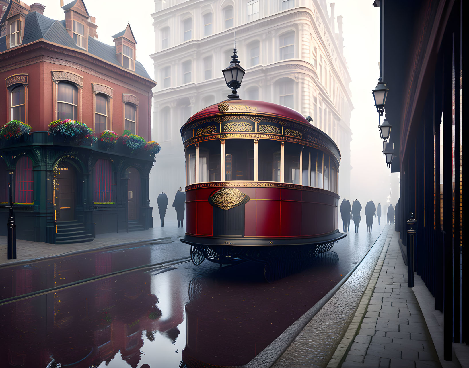 Vintage Red Tram on Misty Cobblestone Street with Pedestrians