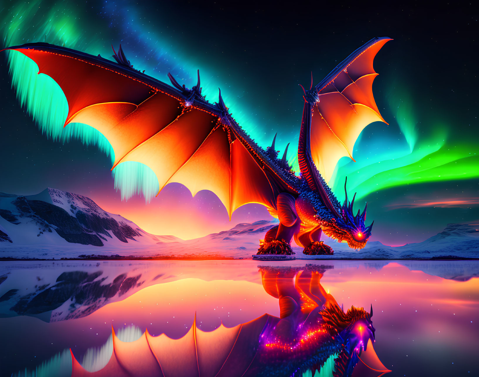 Majestic dragon by reflective water under aurora-filled sky