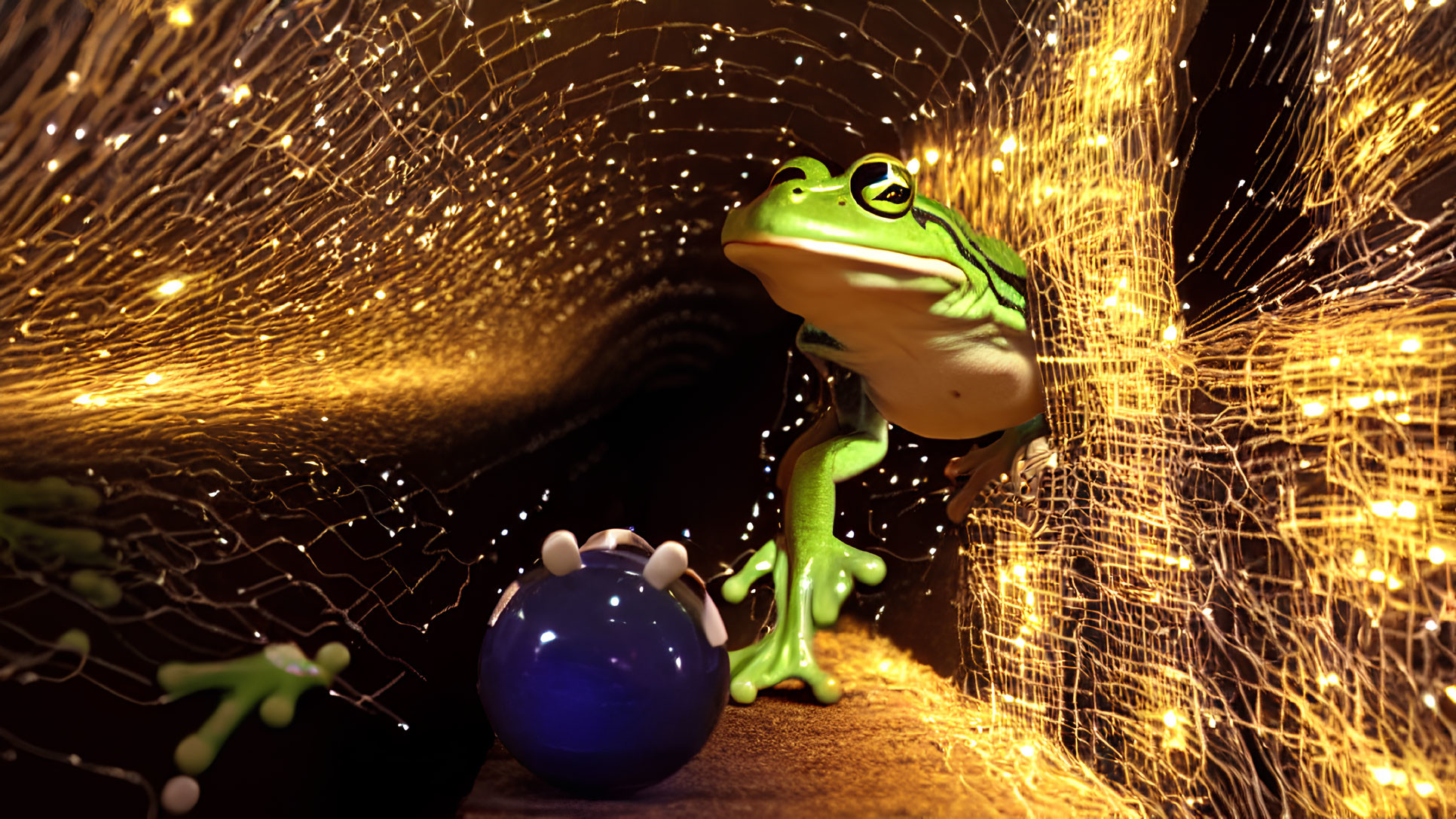 3D animated frog with glossy texture beside shiny blue orb in mesmerizing golden light swirls