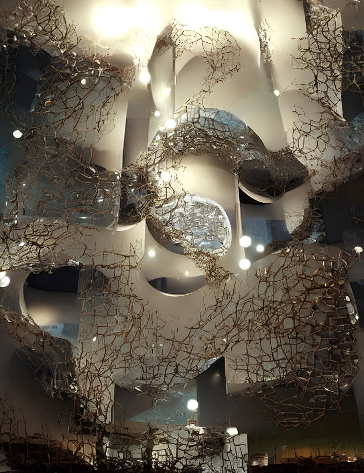 Reflective Surfaces and Organic Sculptures in Softly Lit Interior