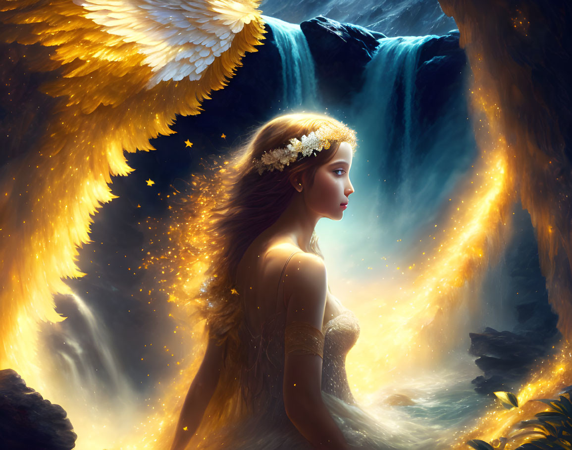 Fantastical female figure with wings in mystical waterfall setting