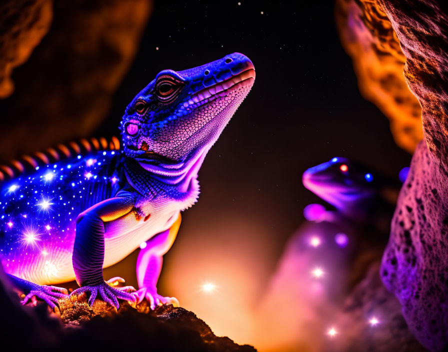 Colorful Close-Up of Lizard in Purple Light Among Glowing Rocks