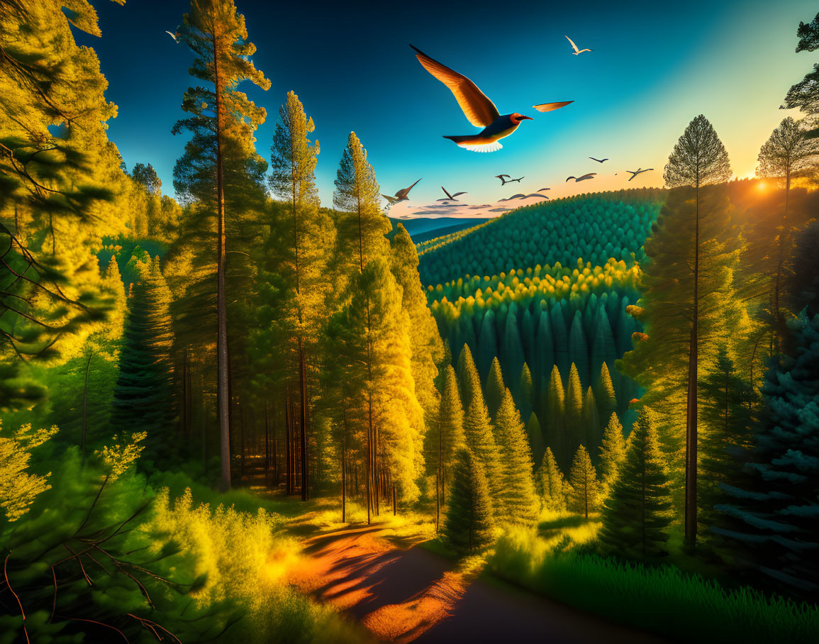 Tranquil sunset over tall forest trees and path with birds in golden light