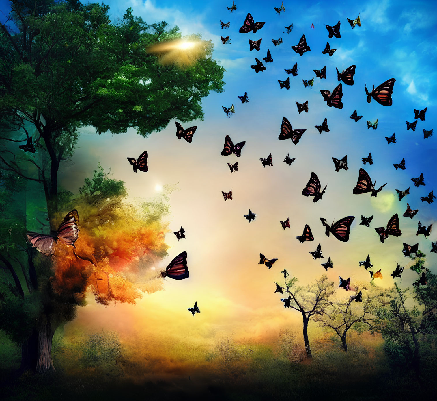 Colorful butterflies in sunset-lit sky with green and autumn trees