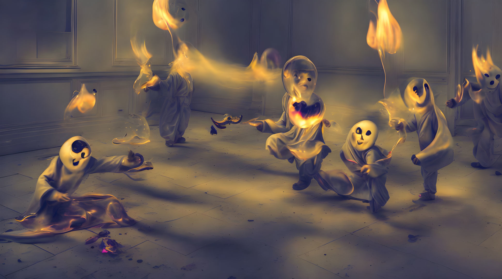 Surreal Artwork: Figures in Ghost-like Masks with Flames