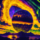 Vibrant psychedelic landscape with swirling sky and surreal portal