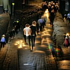 Night scene: People strolling on wet, golden-lit street with old-world charm