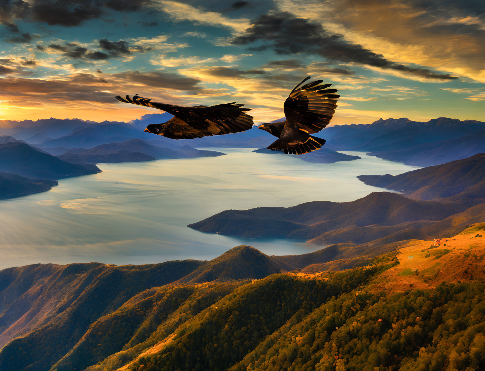 Majestic eagle flying over mountain landscape at sunset