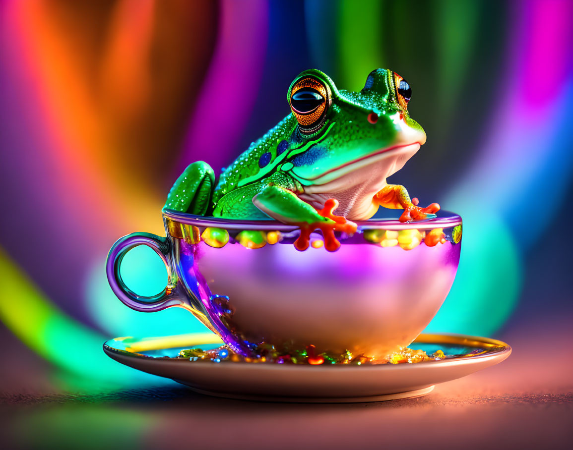 Colorful Frog Relaxing in Tea Cup Amid Psychedelic Lights