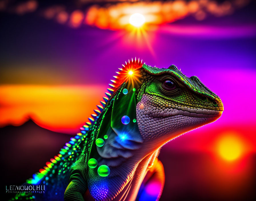 Colorful Close-Up Image: Iguana with Sun Flare and Iridescent Skin