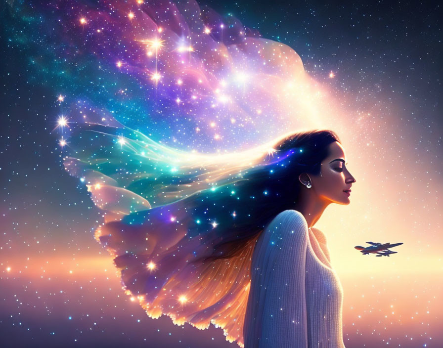 Profile of a woman with flowing hair against a cosmic sky with stars, nebulae, and airplane