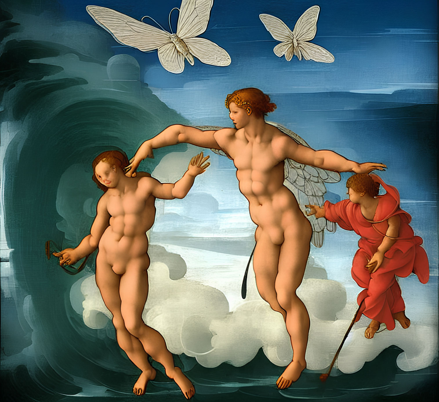 Three angels standing on clouds in intense blue sky