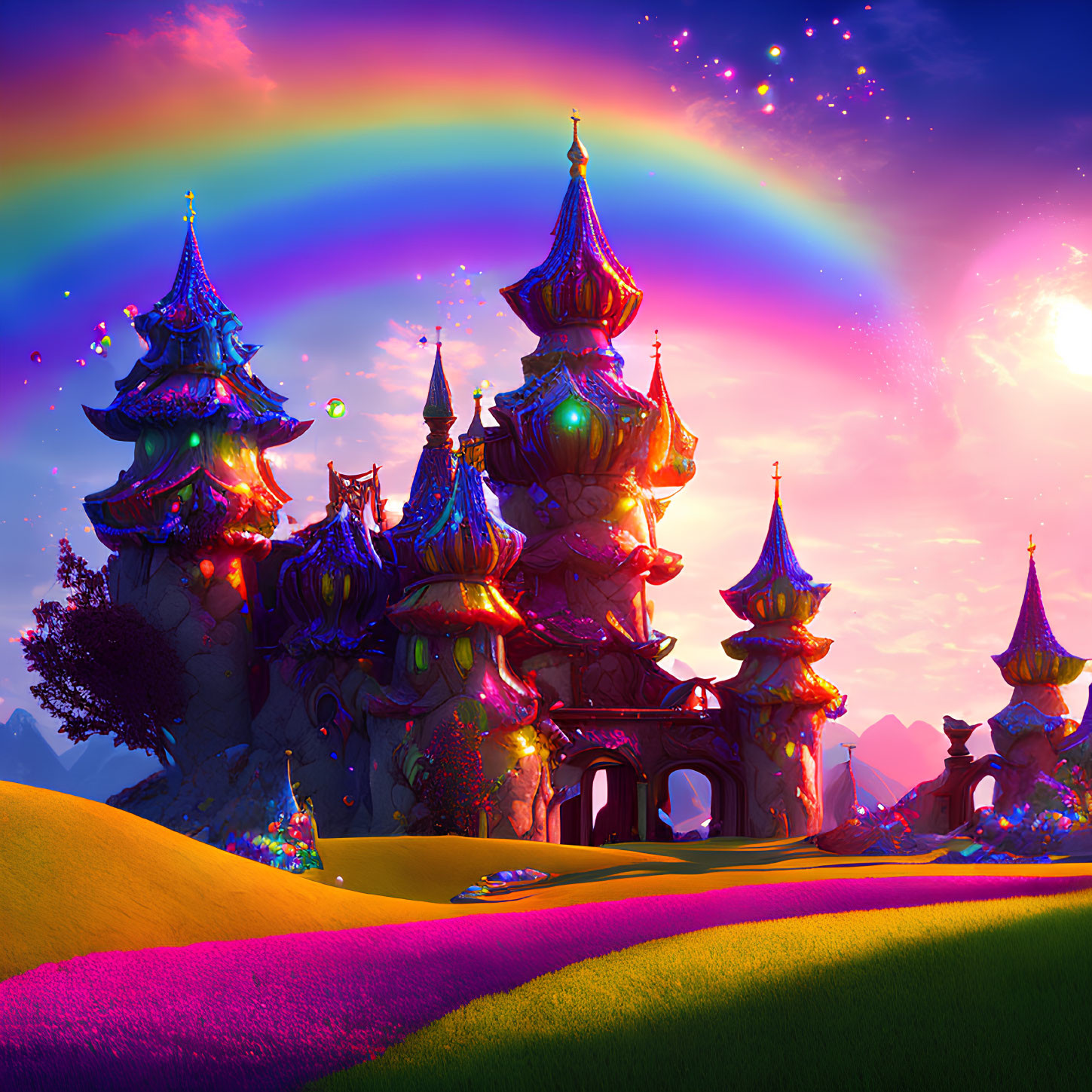 Colorful Castles with Ornate Spires Beneath Vibrant Rainbow