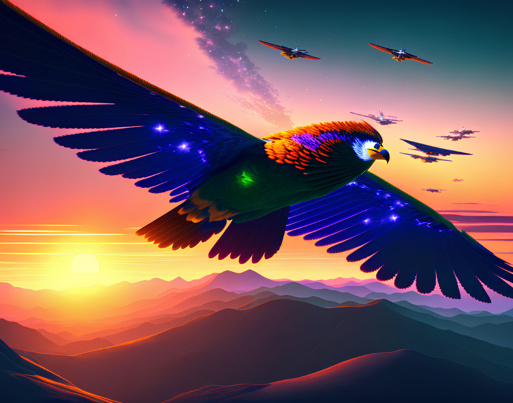 Cosmic eagle with starry wings soaring over purple mountains at sunset