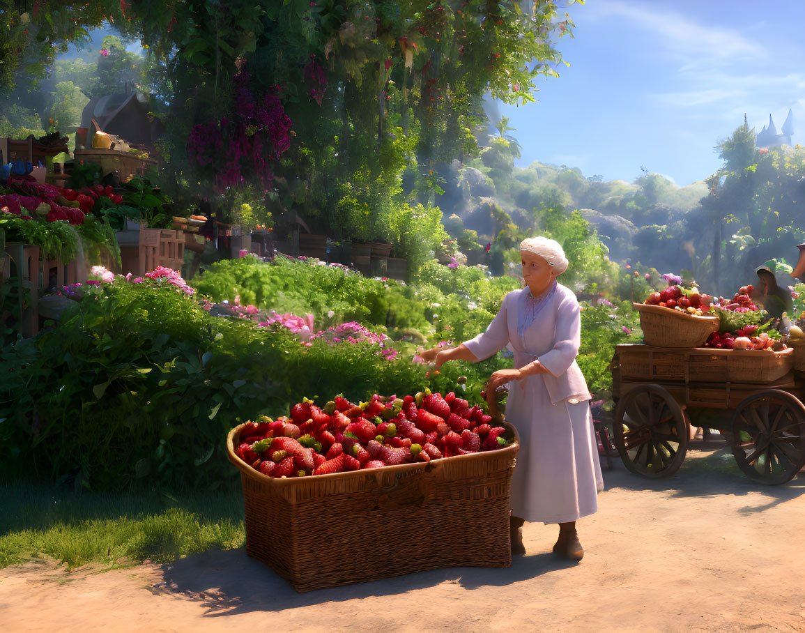 Elderly woman with strawberries in village setting