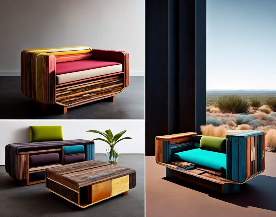 Modern Armchairs with Layered Wood Designs and Colorful Cushions in Stylish Interior