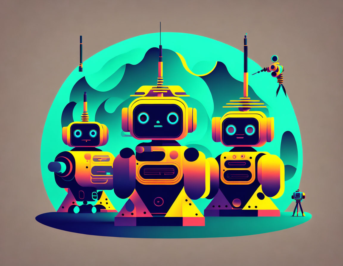 Stylized retro-futuristic robots with geometric bodies and antenna heads