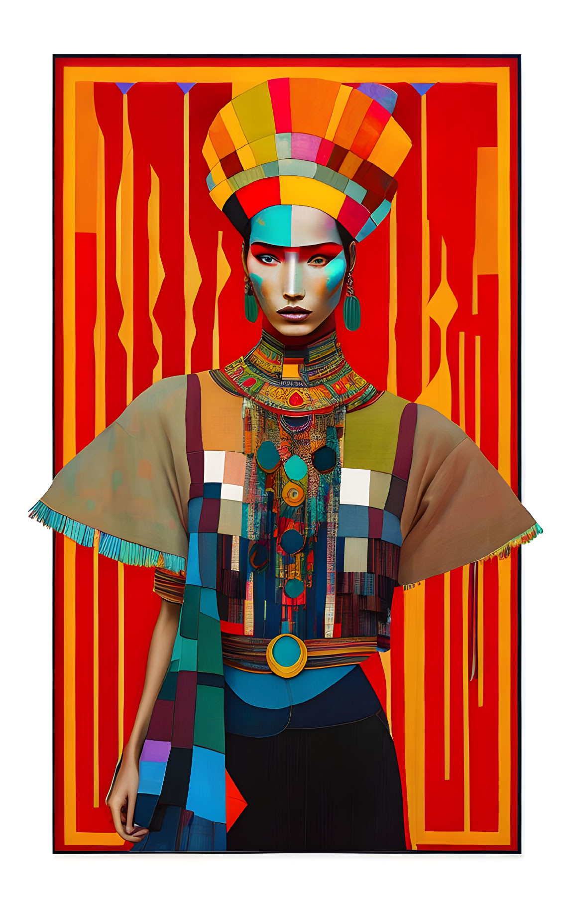 Colorful Stylized Woman with Elaborate Headdress on Red Background