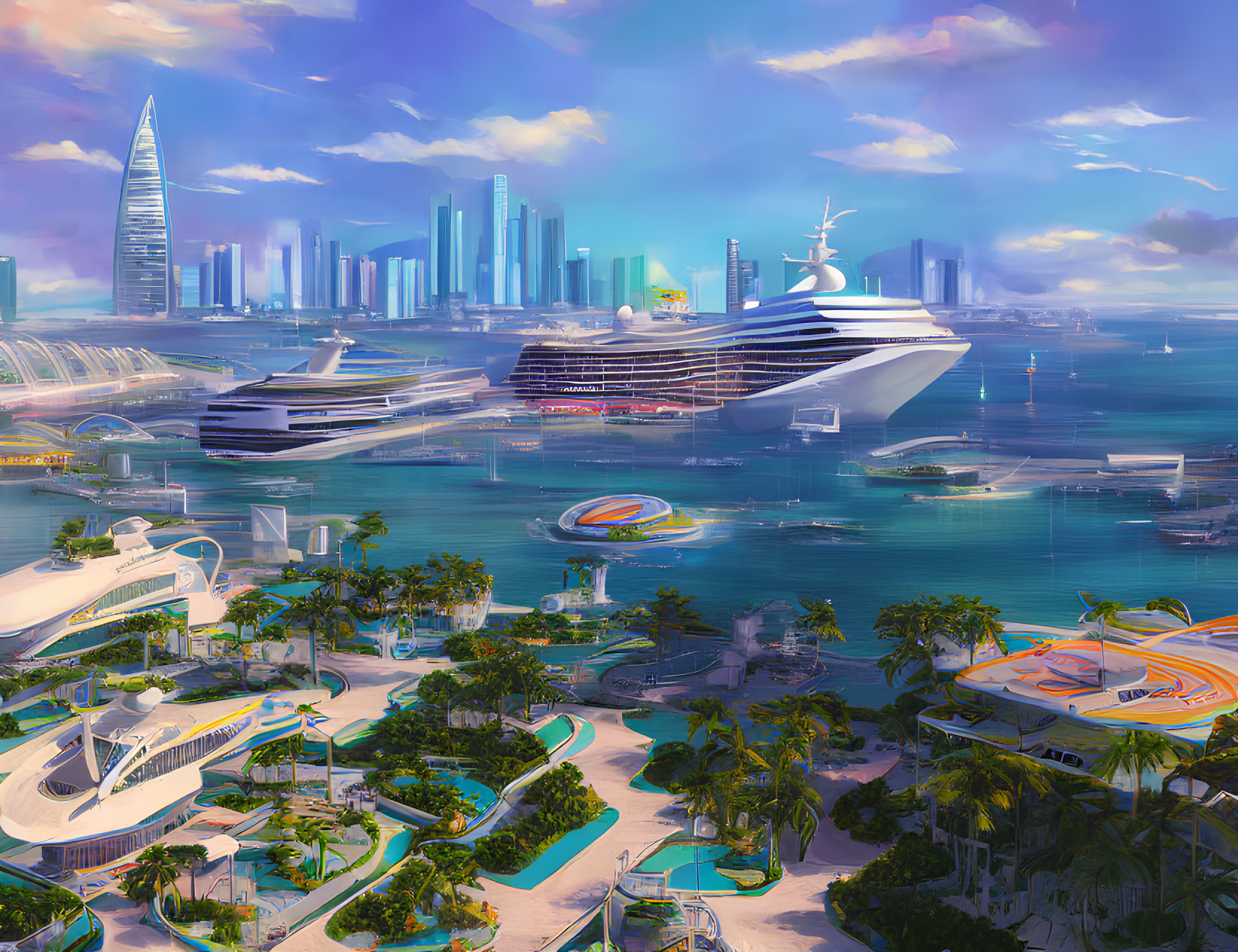 Futuristic cityscape with skyscrapers, greenery, cruise ship, and flying vehicles