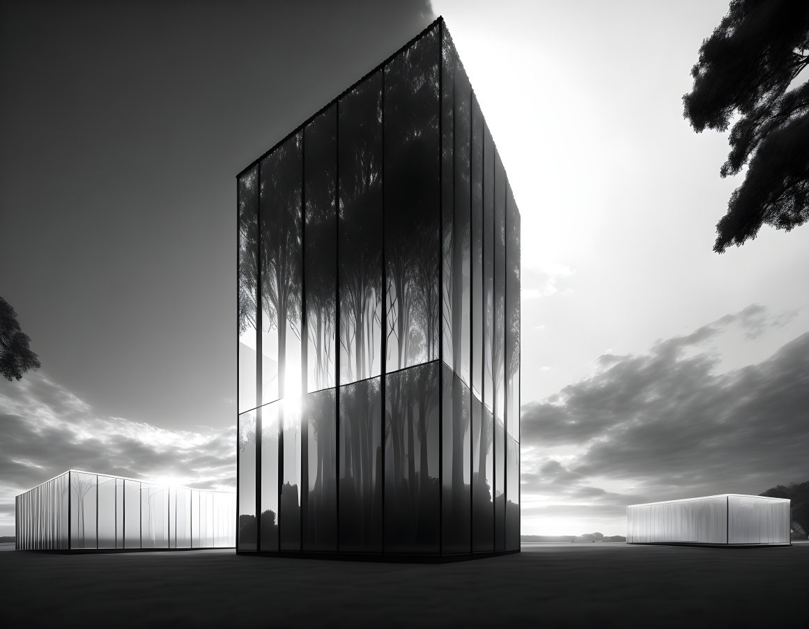 Monochrome image of reflective glass building and trees mirroring on facade