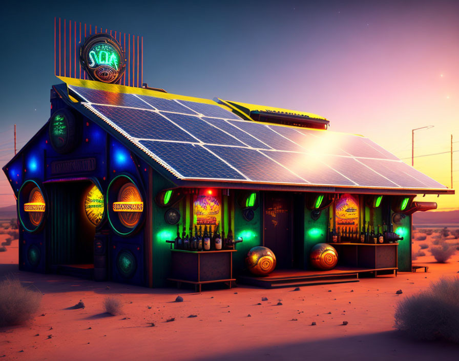 Desert bar with solar panels, neon signs, and rustic decor at twilight