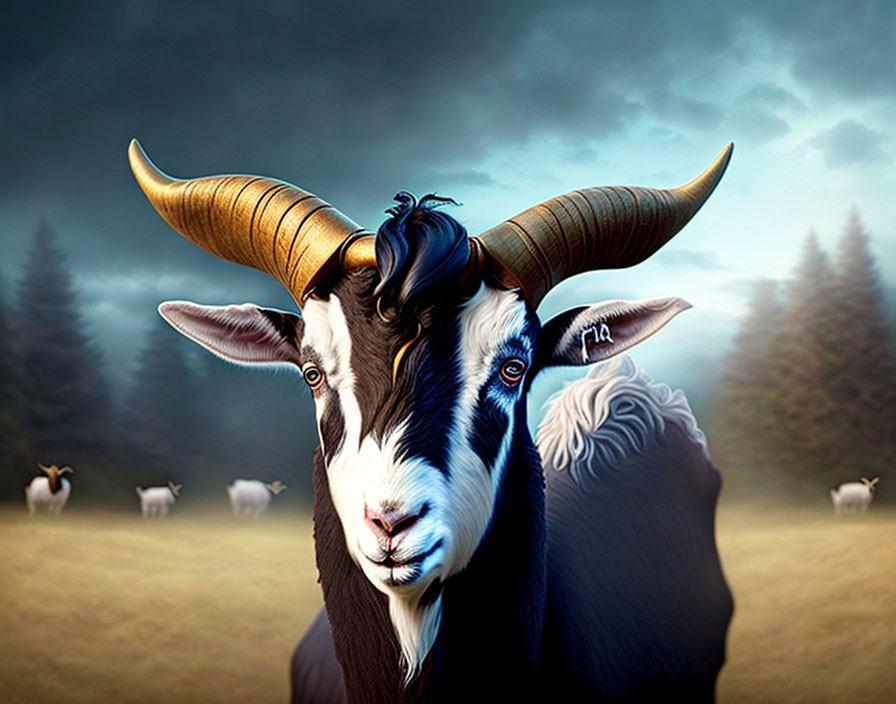 Digital artwork of goat with magnified head and smaller goats against dark blue sky.