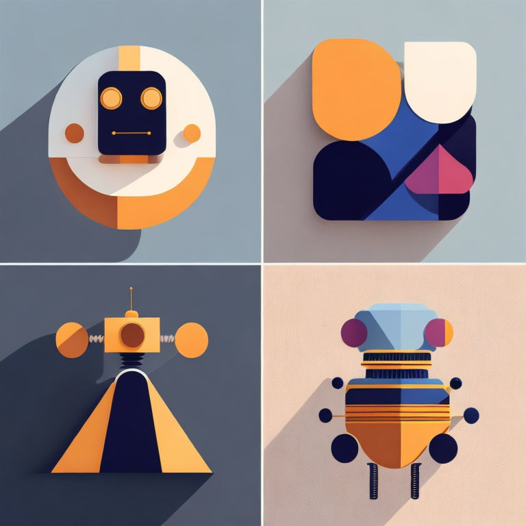 Four minimalist retro-style robot illustrations on geometric backdrops