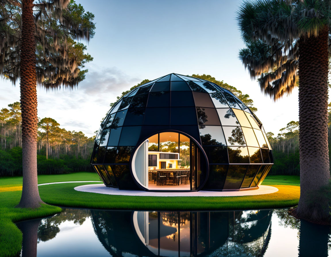 Futuristic geodesic dome house with glass panels, palm trees, and pond at dusk