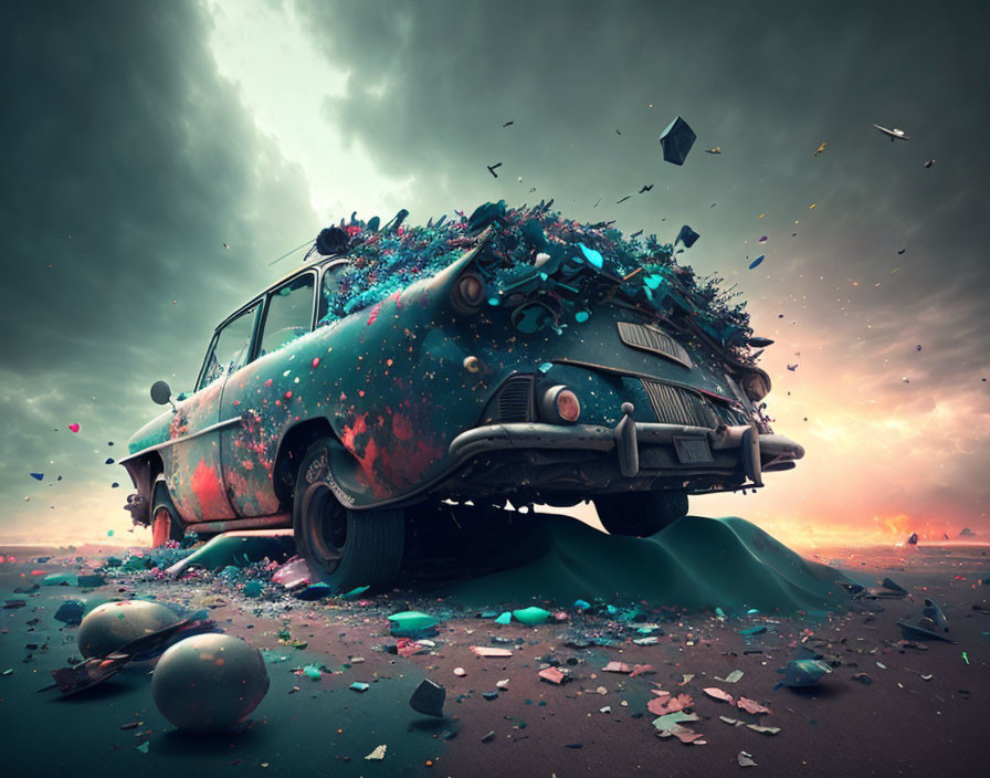 Colorful Confetti-Filled Old Car in Surreal Landscape