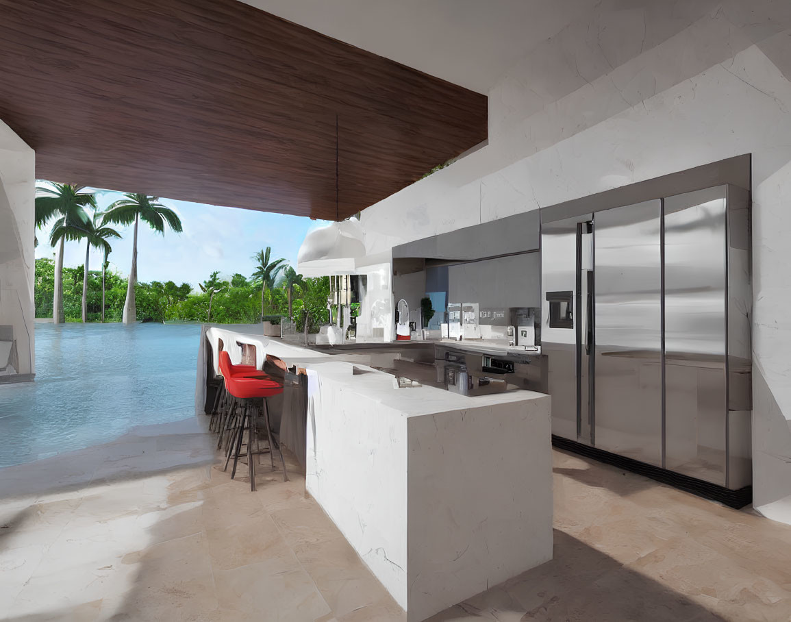 Contemporary kitchen with white marble island, stainless steel appliances, red chairs, and pool view.