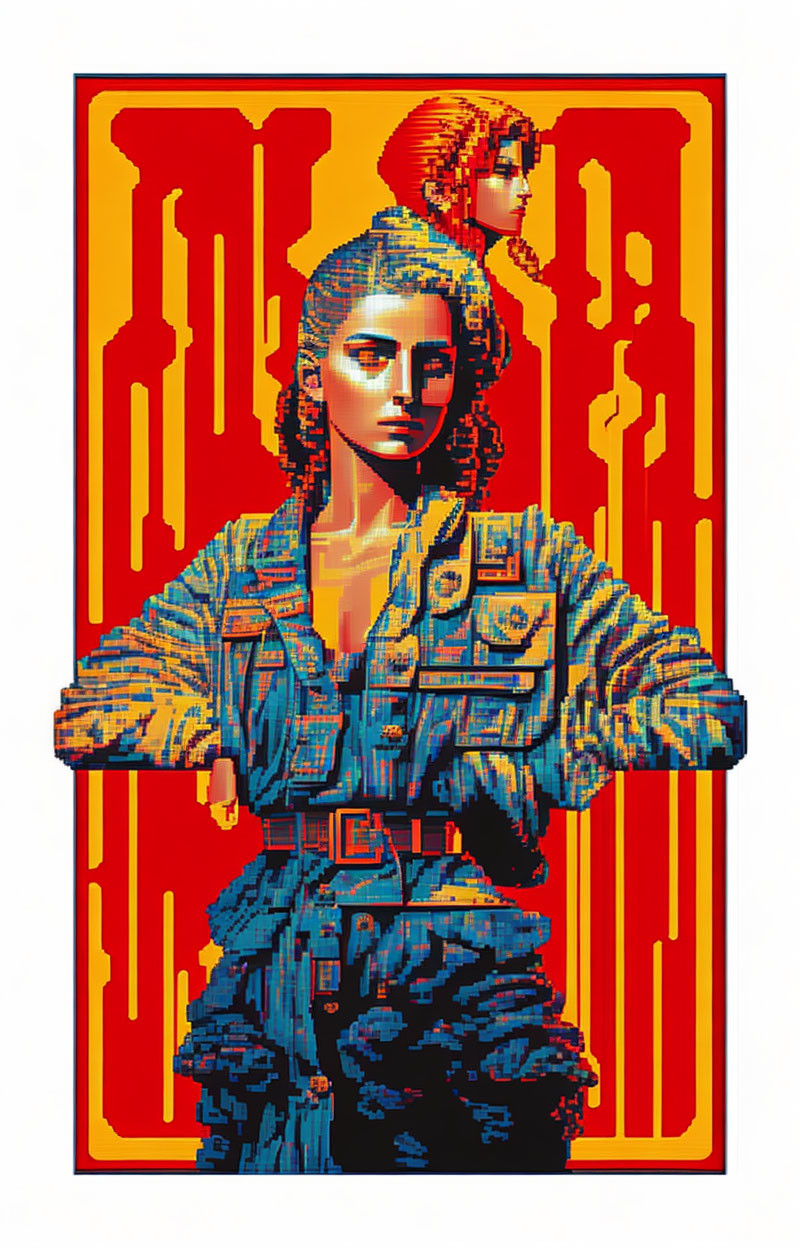 Pixelated military woman with smaller figure in red and yellow backdrop