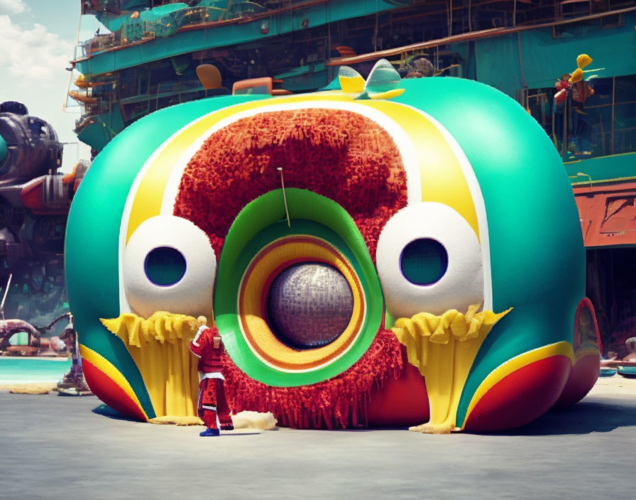 Whimsical inflatable structure with colorful face and rainbow accents