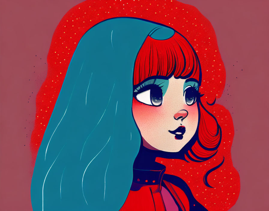 Vivid illustration: girl with blue and red hair, expressive eyes, red top, on pink background