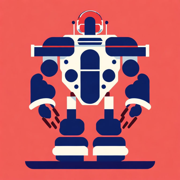 Symmetrical blue and white robot illustration on red background