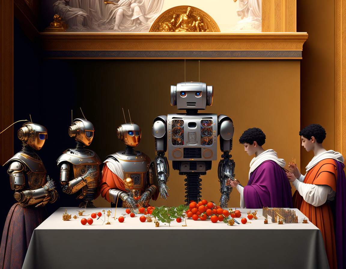 Three robots and two humans in historical clothing at a table with tomatoes, eyeglasses, and cut