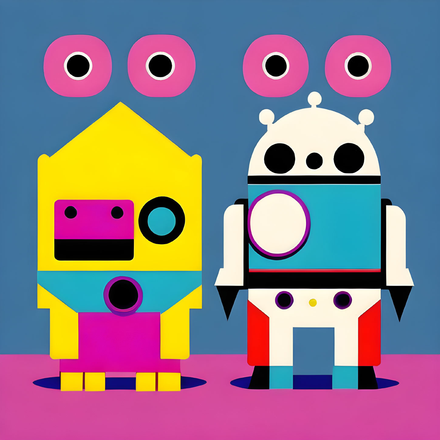 Colorful Cartoon Robots with Abstract Shapes on Pink and Blue Background