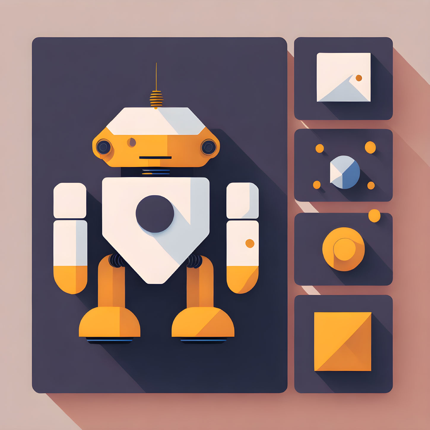 Geometric Robot Illustration in Orange and White on Dark Background