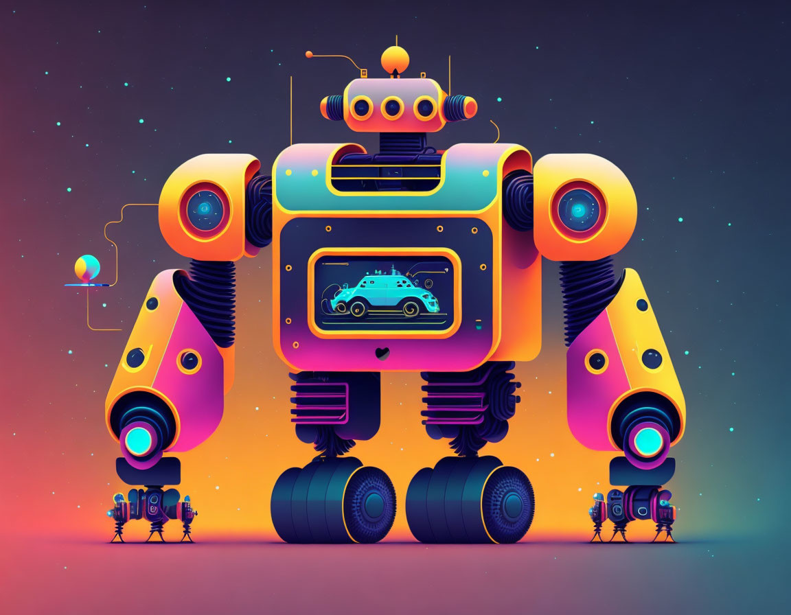 Whimsical robot with car imagery and small companions in colorful illustration