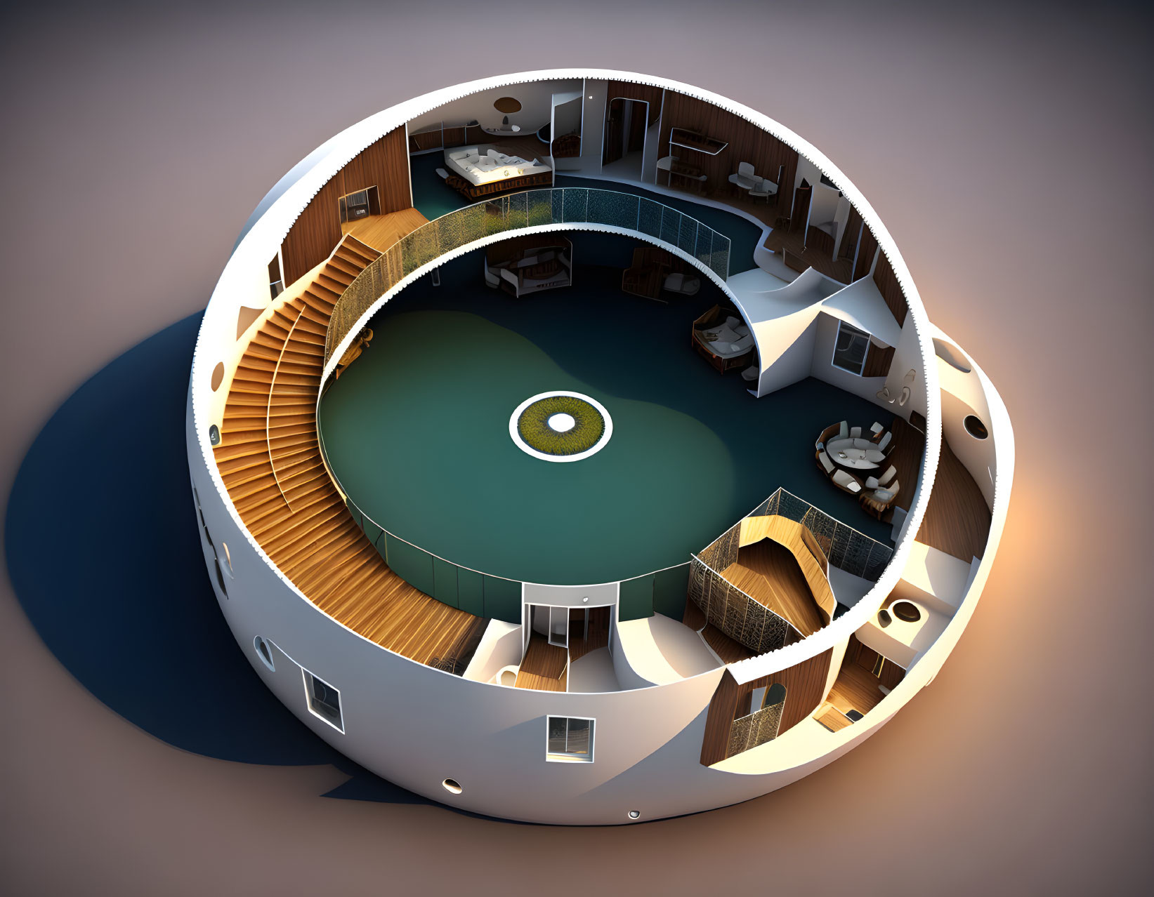 Circular Cutaway View of Modern Underground Home with Green Courtyard