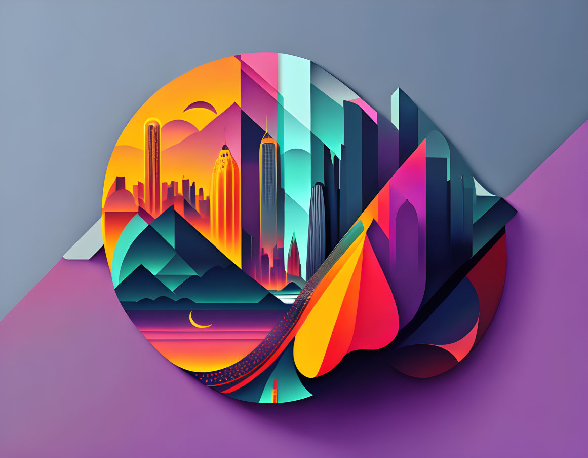 Vibrant Abstract Art: Layered Circular Design with Urban Skyline, Mountains, and Waves