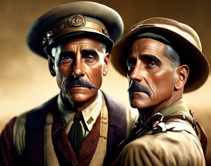 Stylized male characters in vintage military attire with mustaches