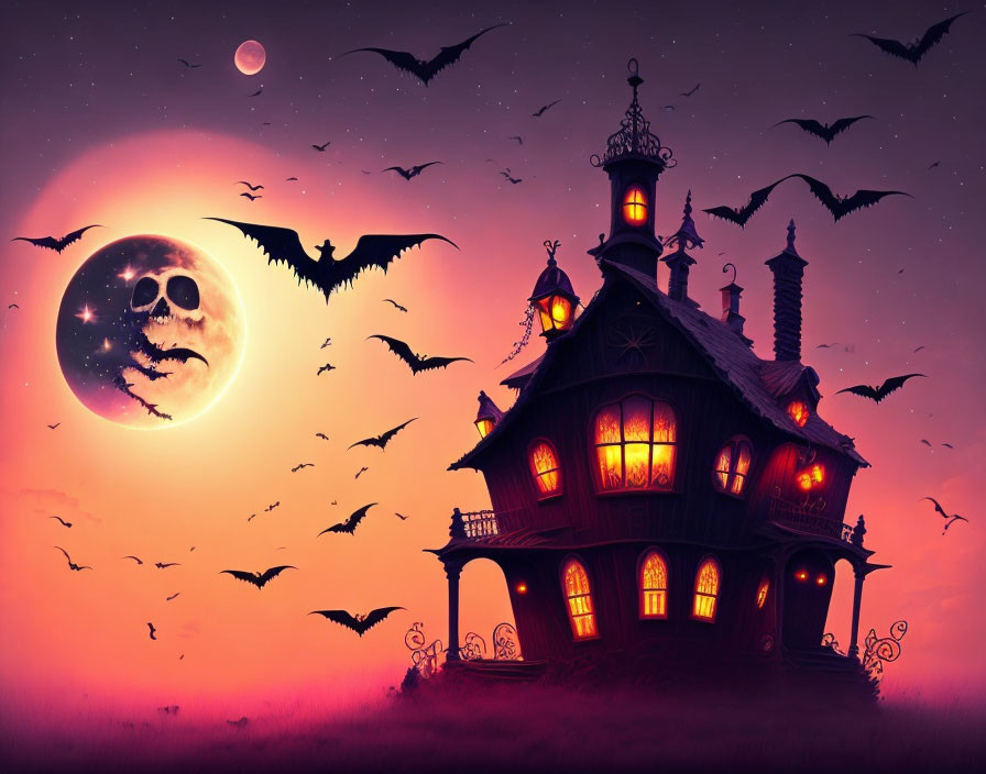 Eerie haunted house with skull moon, bats, and barren landscape