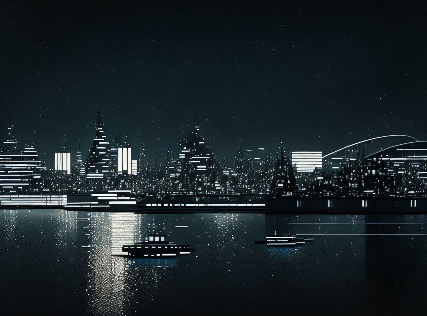 Nighttime futuristic city skyline with illuminated skyscrapers, water reflections, and starry sky