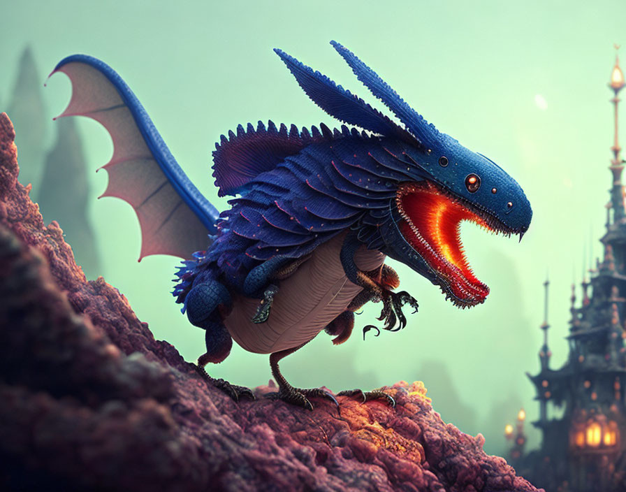 Colorful Dragon Illustration with Blue Scales and Red Throat